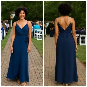 WAYF Wynona Navy Blue Faux Wrap V Neck Maxi Gown Dress Size L NWT Wedding Guest